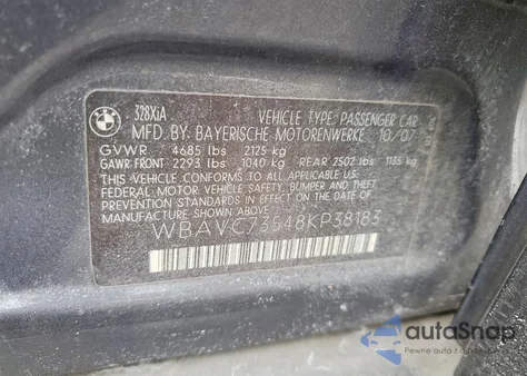 2008 BMW 328 Xi Sulev z USA, uszkodzony, nr VIN WBAVC73548KP38183